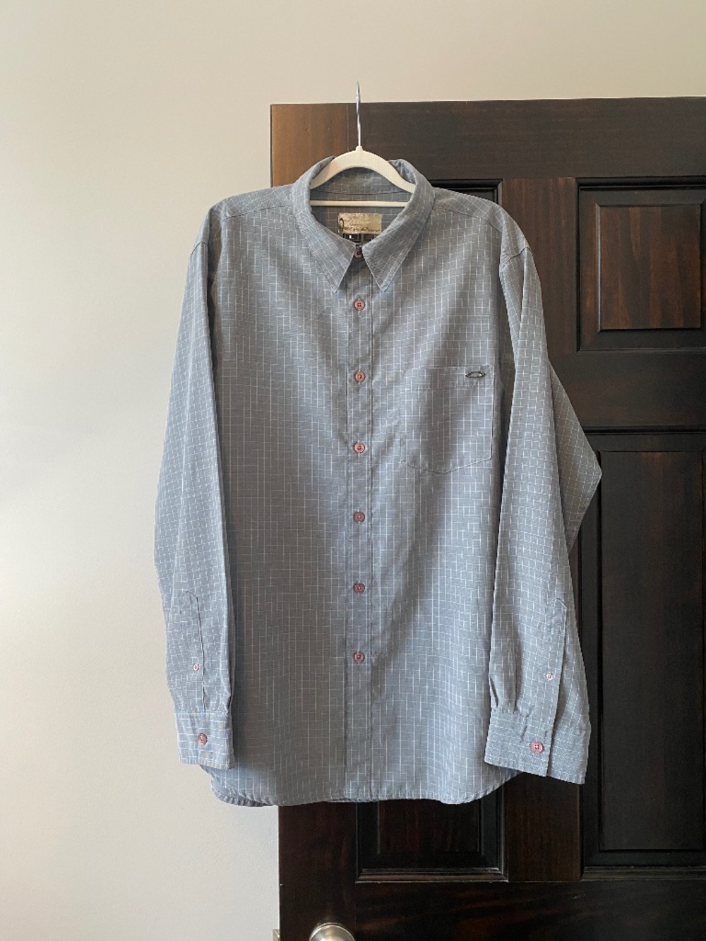 Oakley Gray Check Button Up Shirt Mens Large L Rayon Blend Long Sleeve